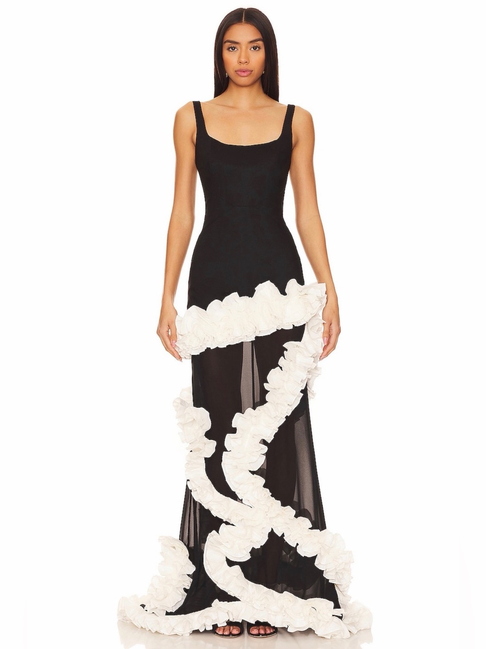 NBD Revolve Wisteria Black White Ruffle Mesh Cocktail Formal Evening Gown S NWT